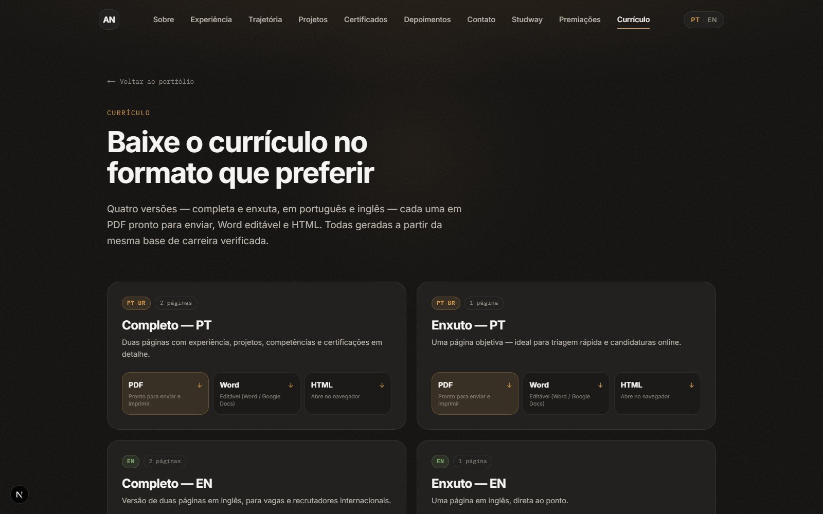 Currículo em página própria